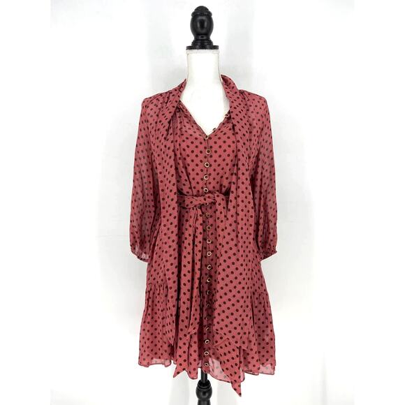 Zimmermann Polka Dot Bow Chiffon Mini Dress in Burgundy - Picture 2 of 14